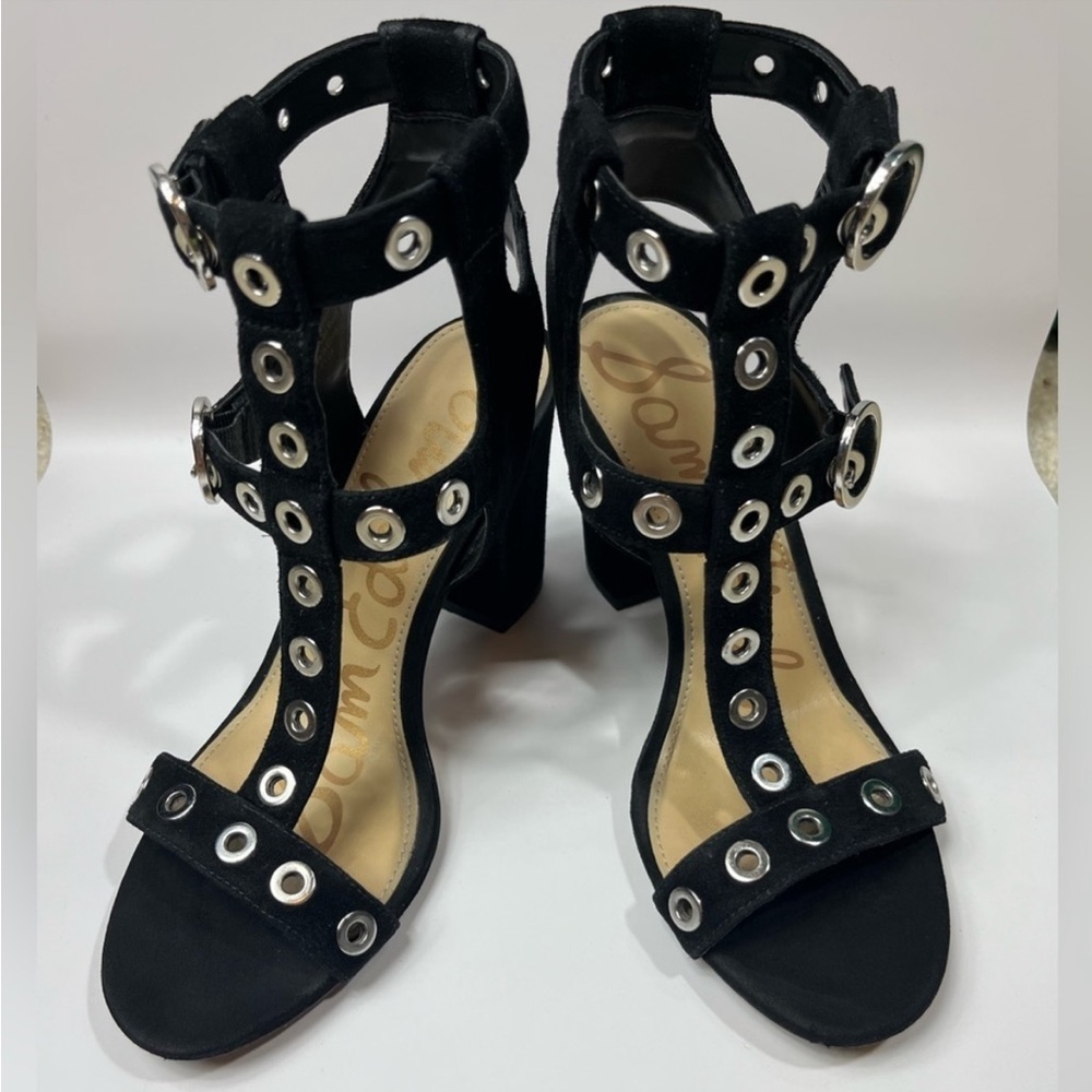 Sam Edelman Eyda Black Suede 3.5” Heel Studded Cage Sandals Size 6